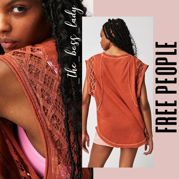 Free People top lace crochet tee cotton shirt - Picture 4 of 7